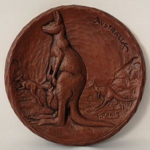 Vintage Composite Wood Wall Plaque Signed by Artist F Kentz, 8" Diameter, EUC